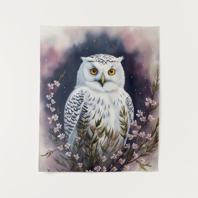 White Owl Floral Night Portrait Tapestry (Front)