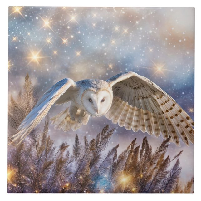 White Owl Mystical Magical Fantasy in Flight Tile (Front)