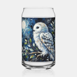 White Owl On Branch in Moonlight Painting Can Glass