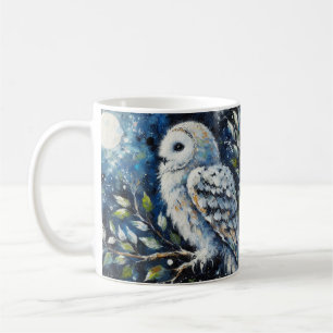 White Owl On Branch in Moonlight Painting Coffee Mug
