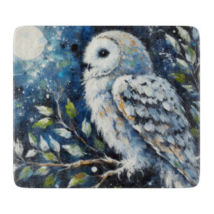 White Owl On Branch in Moonlight Painting  Cutting Board