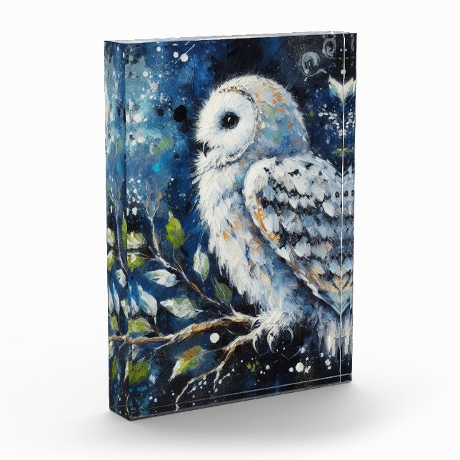 White Owl On Branch in Moonlight Painting Photo Block (Left)