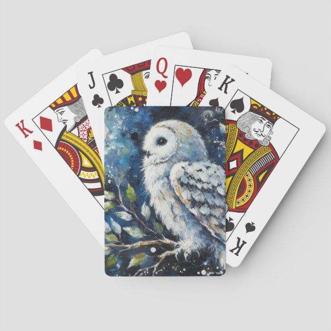 White Owl On Branch in Moonlight Painting  Playing Cards (Back)