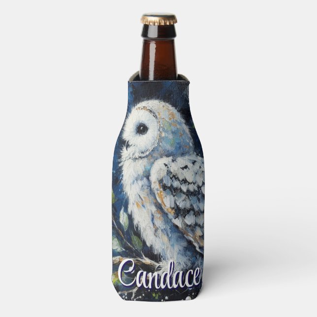 White Owl On Branch in Moonlight Personalized Bottle Cooler (Bottle Front)