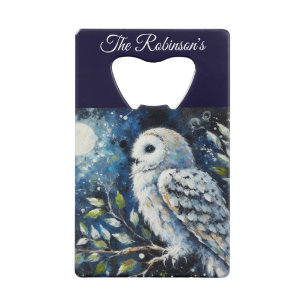 White Owl On Branch in Moonlight Personalized Credit Card Bottle Opener
