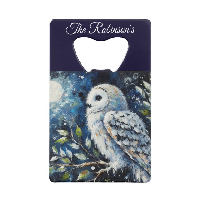 White Owl On Branch in Moonlight Personalized Credit Card Bottle Opener (Front)
