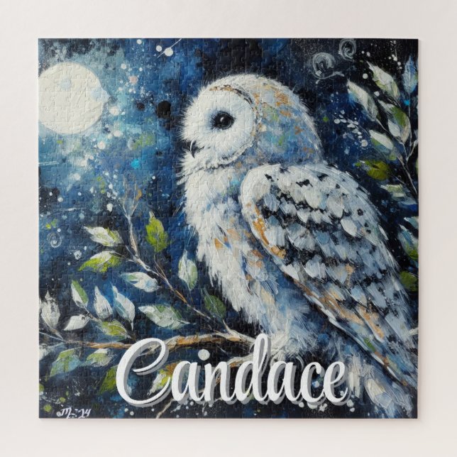White Owl On Branch in Moonlight Personalized Jigsaw Puzzle (Vertical)
