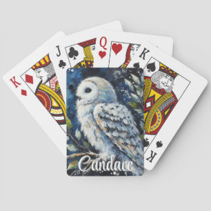White Owl On Branch in Moonlight Personalized Playing Cards