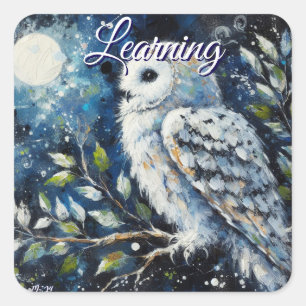 White Owl On Branch in Moonlight Personalized Square Sticker