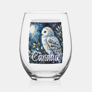White Owl On Branch in Moonlight Personalized Stemless Wine Glass