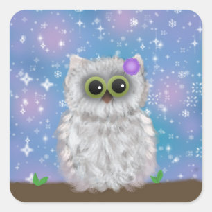 White Owl Painting on Blue Glittery / Snowy Sky Square Sticker