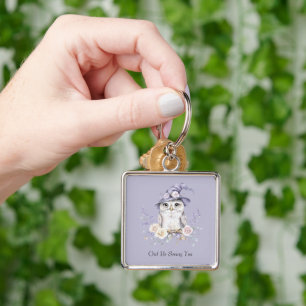 White Owl Purple Hat Pretty Flowers Keychain