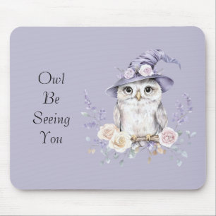 White Owl Purple Hat Pretty Flowers Mouse Pad