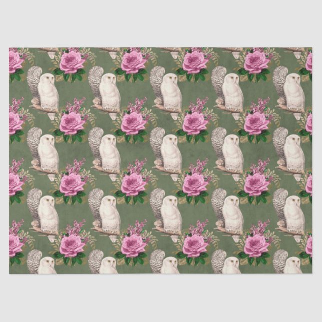 White Owls and Pink Roses on Green Decoupage Tissue Paper (Front)