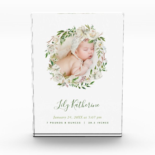 White Painted Floral Wreath Baby Photo Birth Stats (Front)