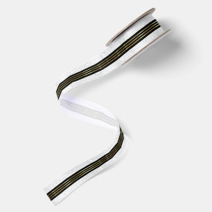 White Paisley Black Background Shiny Gold Stripes Satin Ribbon