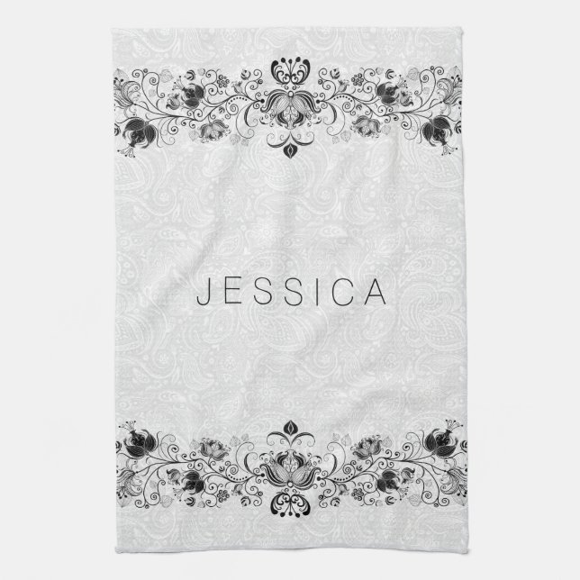 White Paisley Damasks & Black Swirls Lace Kitchen Towel (Vertical)
