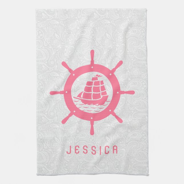 White Paisley Damasks & Pink Nautical Boat Wheel Kitchen Towel (Vertical)