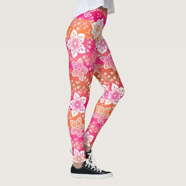 White Paisley Flowers On Hot Pink Orange Stripes Leggings (Right)