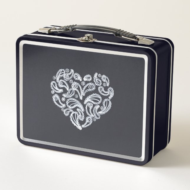White Paisley Heart on Black Lunch Boxes (Front)