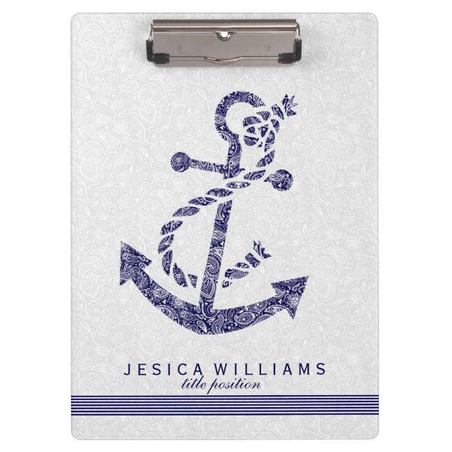 White Paisley & Navy Blue Nautical Boat Anchor Clipboard (Front)