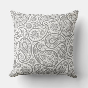 White Paisley On Grey Background Throw Pillow