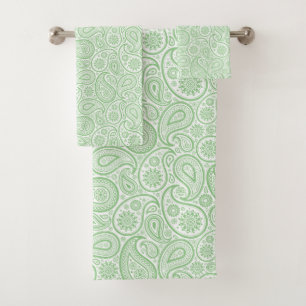 White paisley pattern on green background bath towel set
