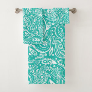 White paisley pattern on mint-green bath towel set