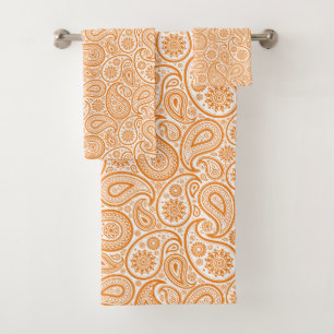 White paisley pattern on orange background bath towel set