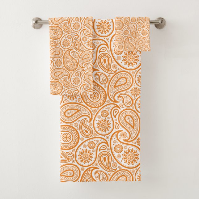 White paisley pattern on orange background bath towel set (Insitu)