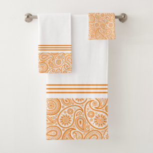 White paisley pattern on orange with stripes bath towel set