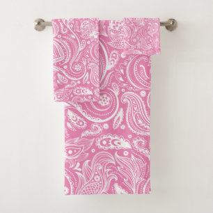 White paisley pattern on pink bath towel set