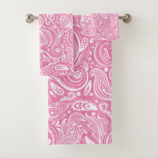 White paisley pattern on pink bath towel set (Insitu)