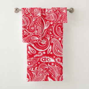 White paisley pattern on red background bath towel set