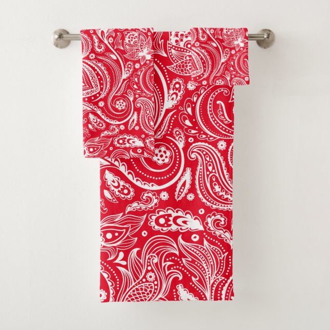 White paisley pattern on red background bath towel set (Insitu)