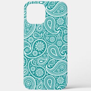 White paisley pattern on turquoise blue background iPhone 12 pro max case