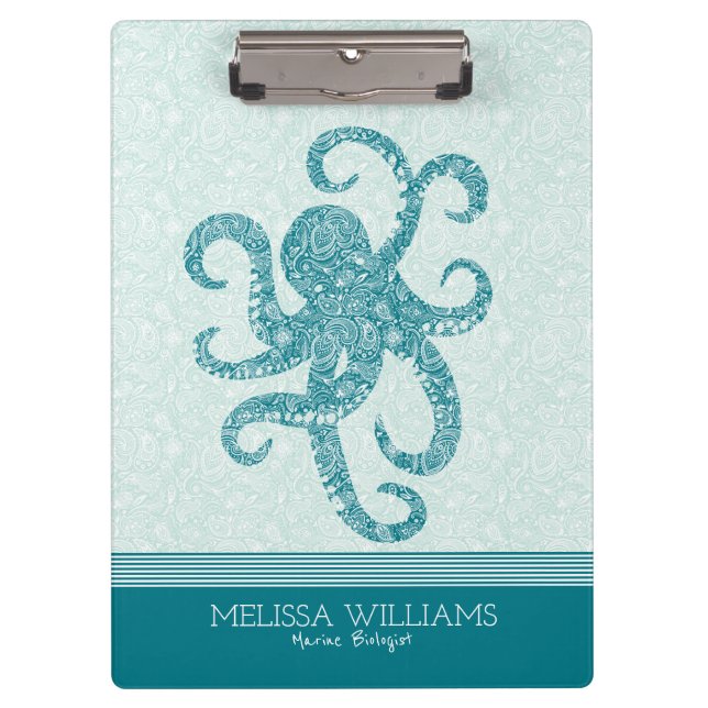 White Paisley & Turquoise Green Octopus Clipboard (Front)