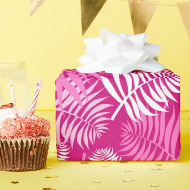 White Palm Frond on Pink Wrapping Paper (Birthday Party)