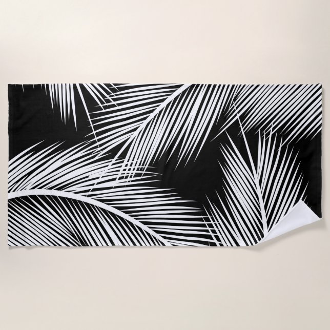 White palm leaves on black colour background beach towel (Front)
