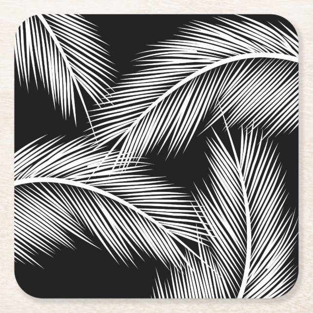 White palm leaves on black colour background square paper coaster (Front)