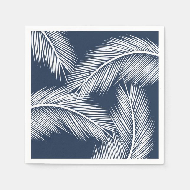 White palm leaves on dark blue colour background napkin (Front)