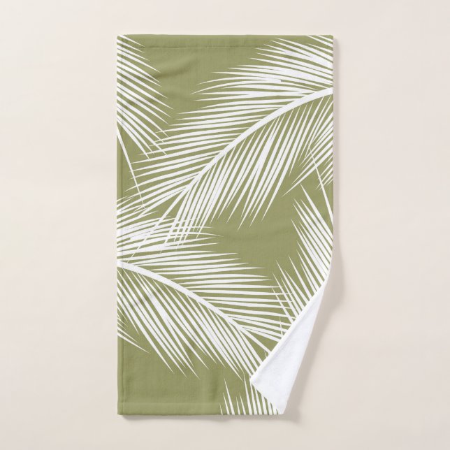 White palm leaves on green colour background bath towel set (Hand Towel)