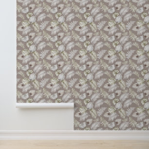 White Palm Leaves Pattern Grey Wallpaper