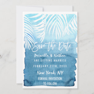 White Palm Tree Fronds Blue Watercolor Save The Date