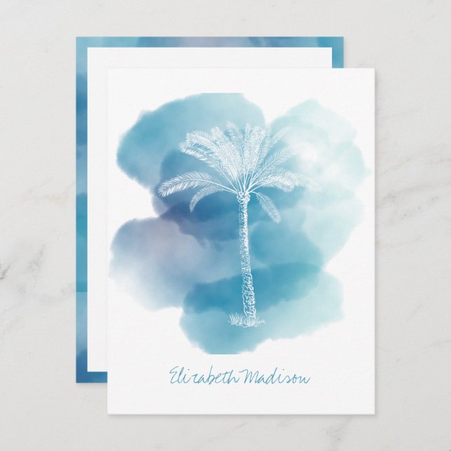 White Palm Tree on Blue Watercolor Personalized Card (Front/Back)