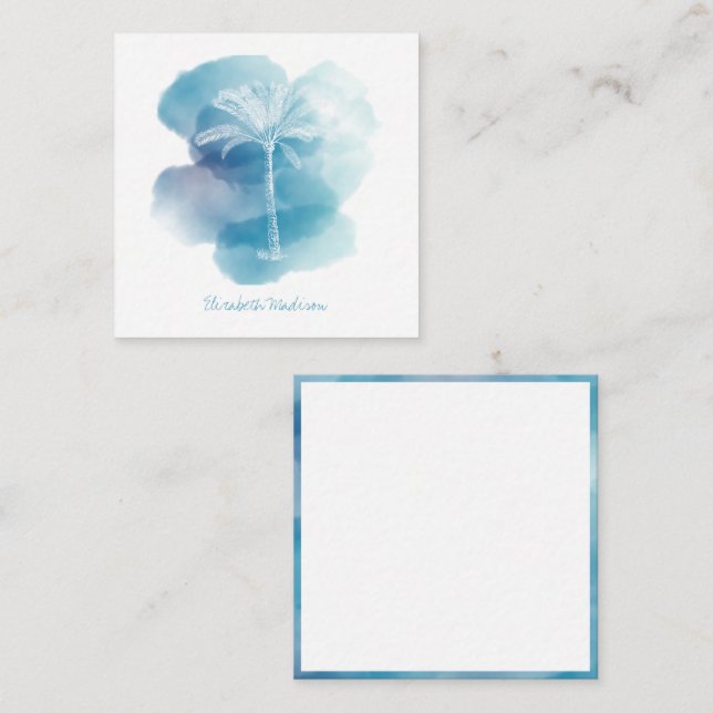 White Palm Tree on Blue Watercolor Personalized Card (Front/Back)