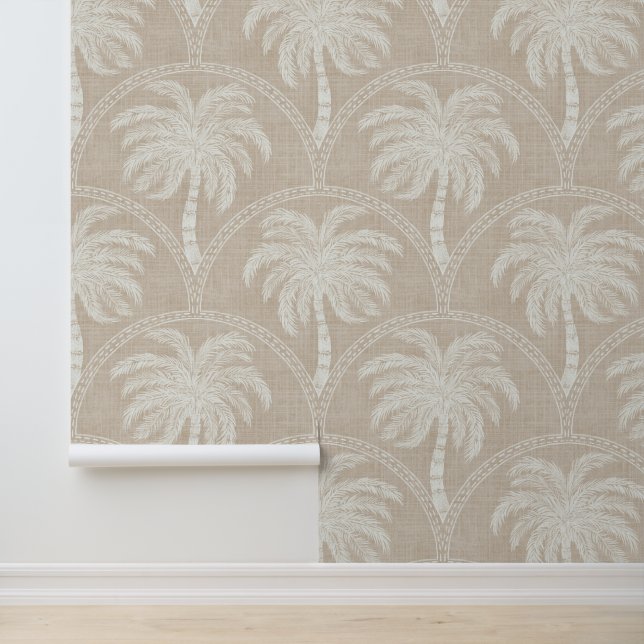 White Palm Trees on Beige Coastal Tropical Arches Wallpaper (Application)