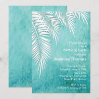White Palm Trees on Ocean Blue Birthday Invitation