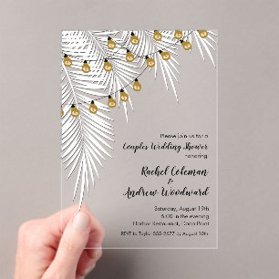 White Palms and String Lights Wedding Shower Acrylic Invitations