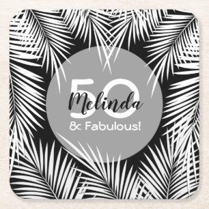 White Palms on Black Tropical Birthday Square Paper Coaster